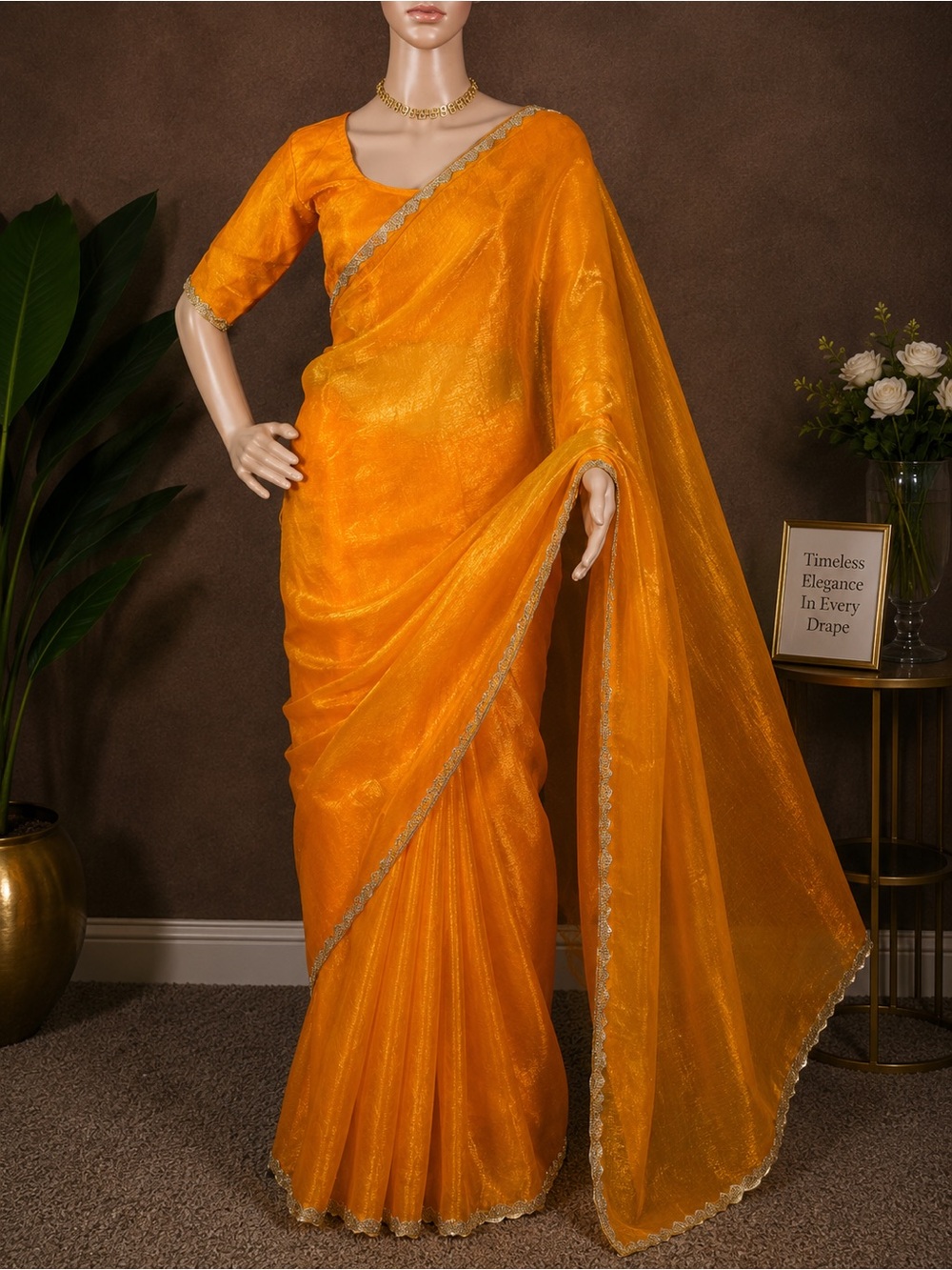 Rich yellow plain space silk saree with lace border & stitched blouse(Brand New)